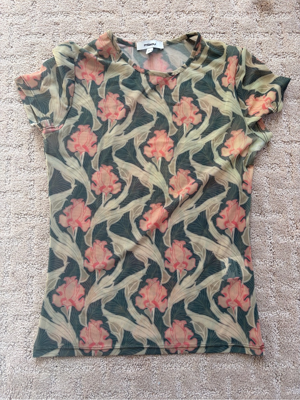 Miaou Green Mesh Tee with Coral Floral Print